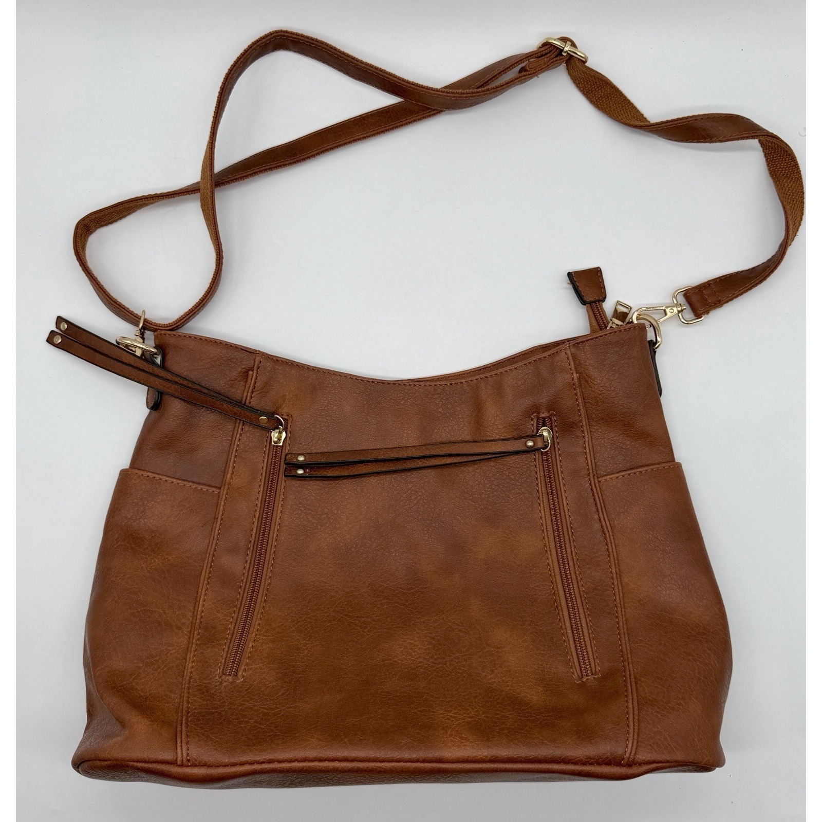 Brown Fauxleather Crossbody Shoulder Bag Multi Pocket Zip Purse Adjustable Strap